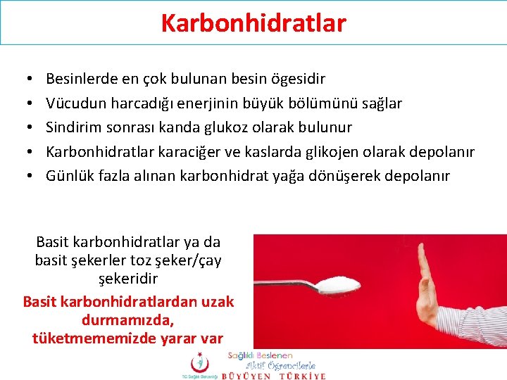 Karbonhidratlar • • • Besinlerde en çok bulunan besin ögesidir Vücudun harcadığı enerjinin büyük