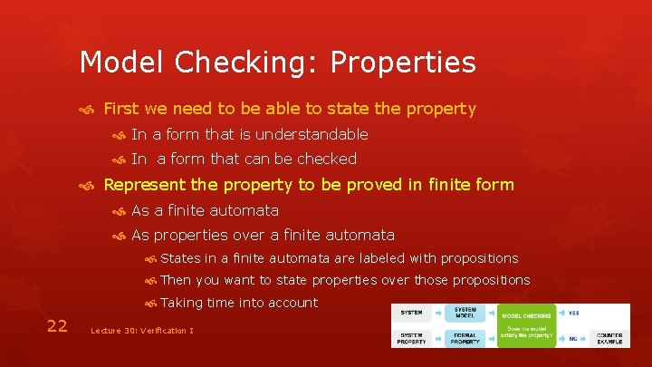 Model Checking: Properties First we need to be able to state the property In