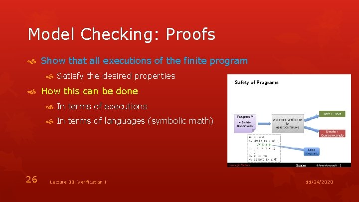 Model Checking: Proofs Show that all executions of the finite program Satisfy the desired