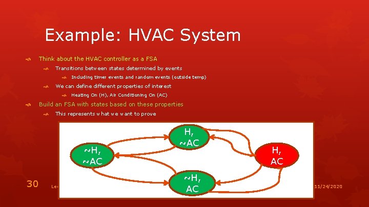 Example: HVAC System Think about the HVAC controller as a FSA Transitions between states