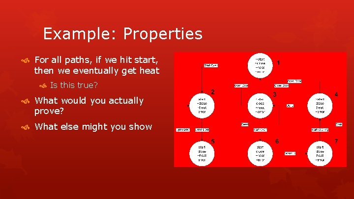 Example: Properties For all paths, if we hit start, then we eventually get heat