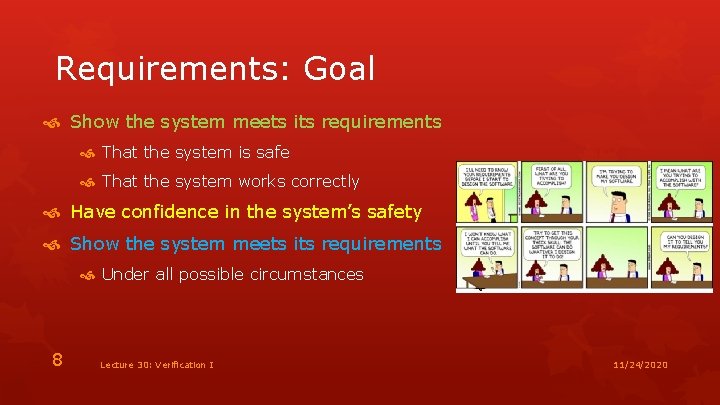 Requirements: Goal Show the system meets its requirements That the system is safe That