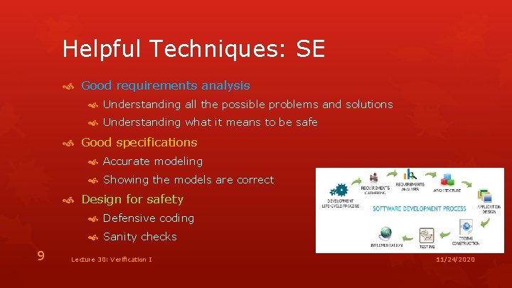 Helpful Techniques: SE Good requirements analysis Understanding all the possible problems and solutions Understanding