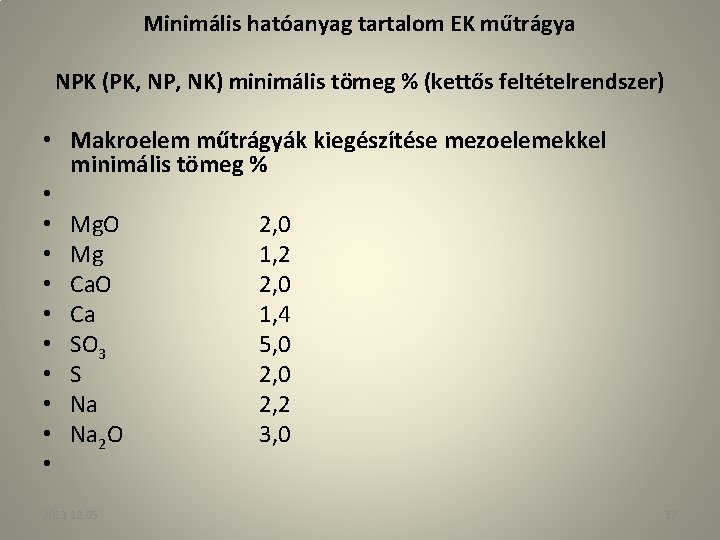 Minimális hatóanyag tartalom EK műtrágya NPK (PK, NP, NK) minimális tömeg % (kettős feltételrendszer)