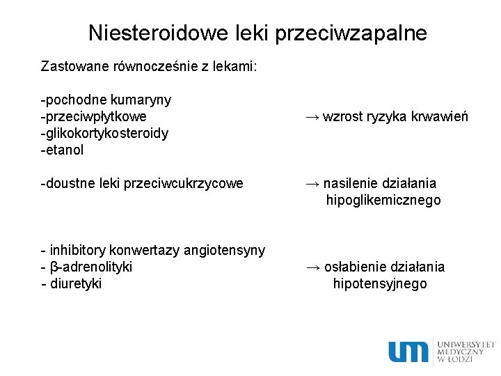 Niesteroidowe leki przeciwzapalne Zastowane równocześnie z lekami: -pochodne kumaryny -przeciwpłytkowe -glikokortykosteroidy -etanol -doustne leki