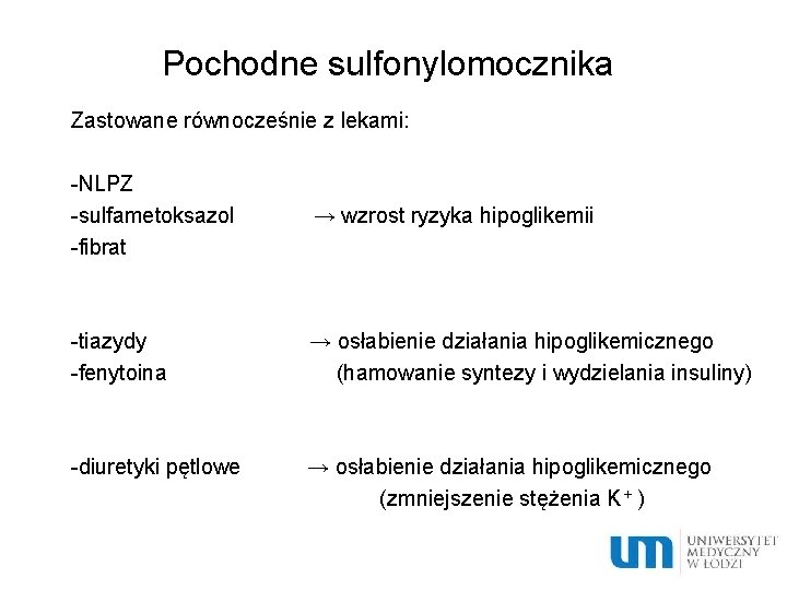 Pochodne sulfonylomocznika Zastowane równocześnie z lekami: -NLPZ -sulfametoksazol -fibrat → wzrost ryzyka hipoglikemii -tiazydy