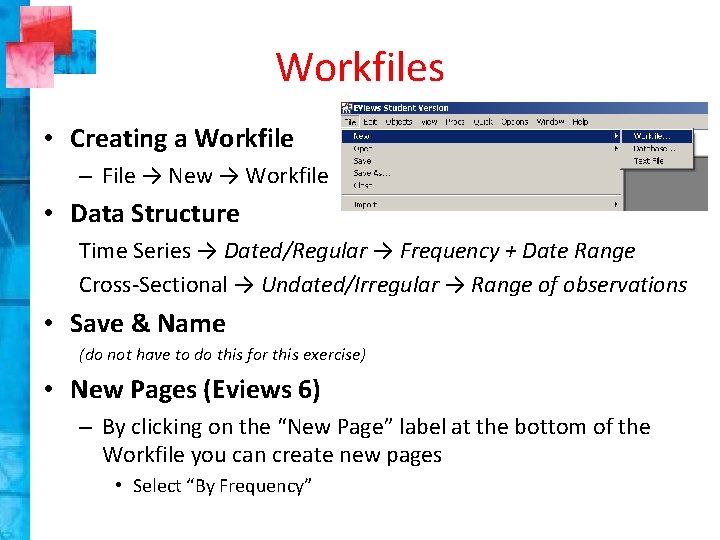 Workfiles • Creating a Workfile – File → New → Workfile • Data Structure