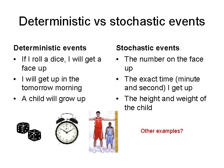 Deterministic vs stochastic events Deterministic events Stochastic events • If I roll a dice,