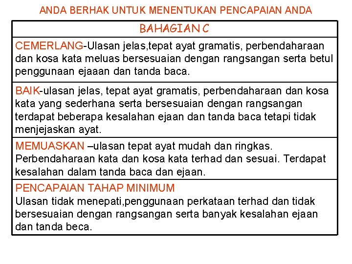 ANDA BERHAK UNTUK MENENTUKAN PENCAPAIAN ANDA BAHAGIAN C CEMERLANG-Ulasan jelas, tepat ayat gramatis, perbendaharaan