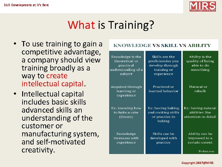 Skill Development at it’s Best What is Training? • To use training to gain