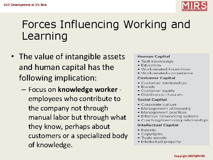 Skill Development at it’s Best Forces Influencing Working and Learning • The value of