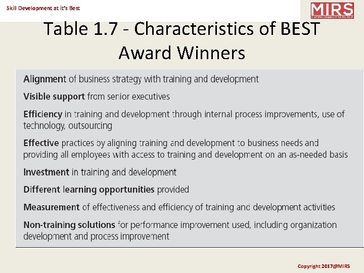Skill Development at it’s Best Table 1. 7 - Characteristics of BEST Award Winners
