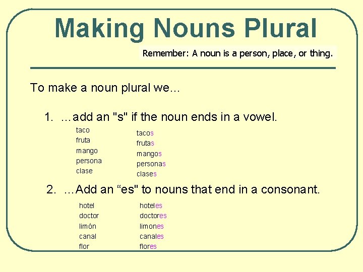 Making Nouns Plural Remember: A noun is a person, place, or thing. To make