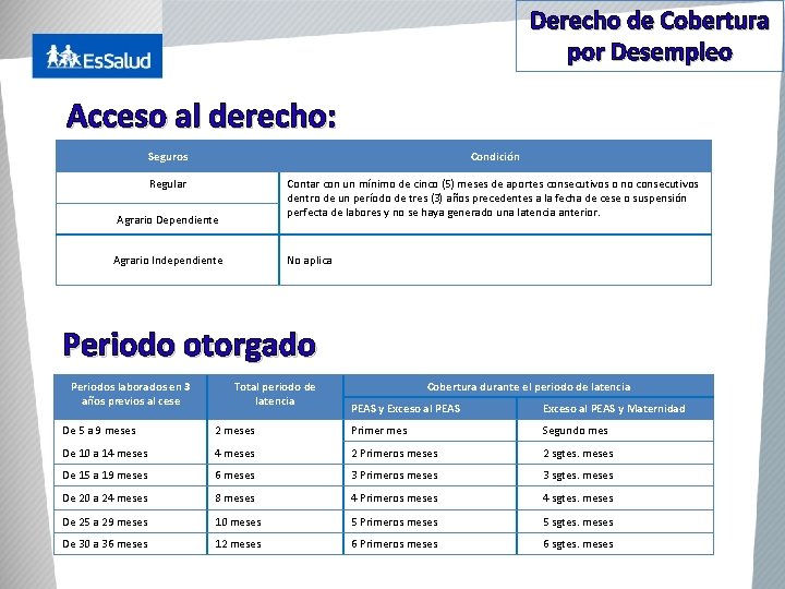 Derecho de Cobertura por Desempleo Acceso al derecho: Seguros Condición Regular Contar con un