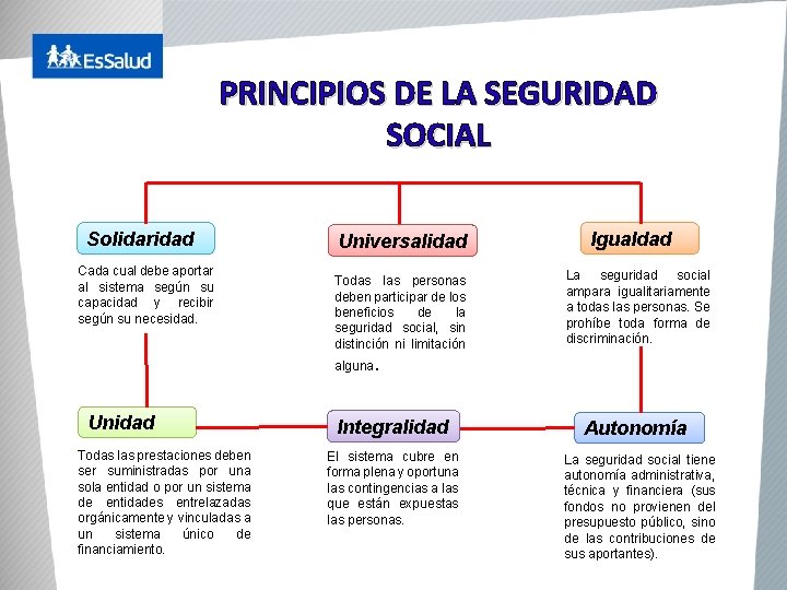 PRINCIPIOS DE LA SEGURIDAD SOCIAL Solidaridad Cada cual debe aportar al sistema según su