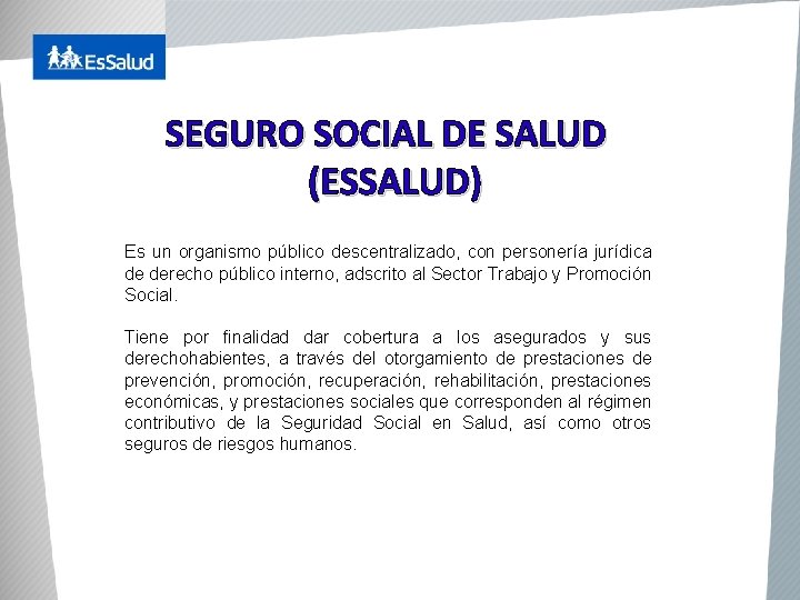 SEGURO SOCIAL DE SALUD (ESSALUD) Es un organismo público descentralizado, con personería jurídica de