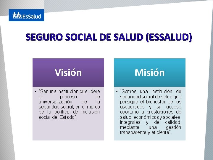 SEGURO SOCIAL DE SALUD (ESSALUD) Visión Misión • “Ser una institución que lidere el
