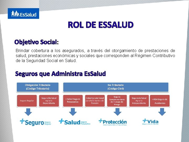 ROL DE ESSALUD Objetivo Social: Brindar cobertura a los asegurados, a través del otorgamiento