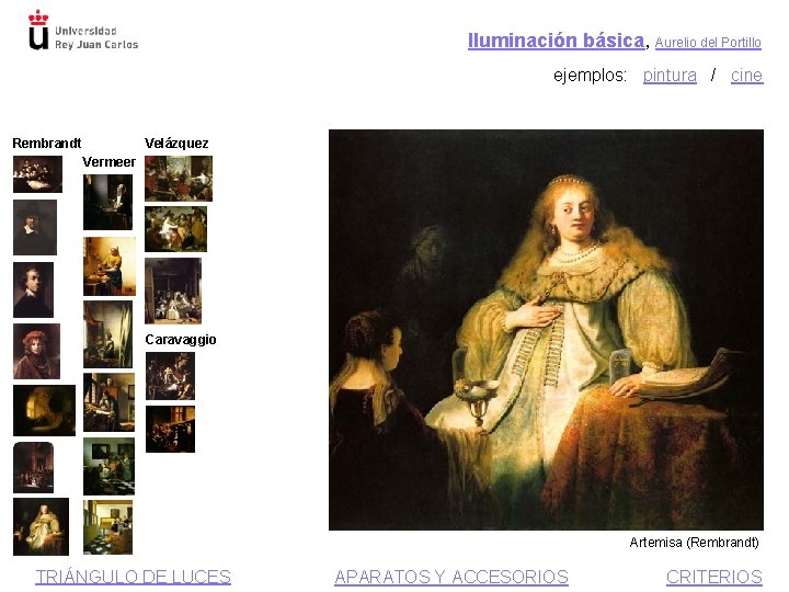 Iluminación básica, Aurelio del Portillo ejemplos: pintura / cine Rembrandt Velázquez Vermeer Caravaggio Artemisa