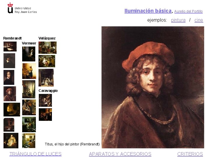 Iluminación básica, Aurelio del Portillo ejemplos: pintura / cine Rembrandt Velázquez Vermeer Caravaggio Titus,