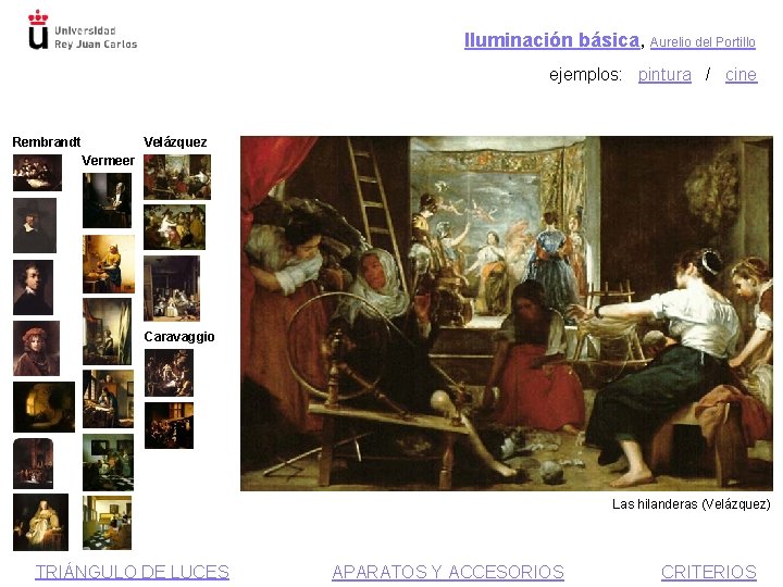 Iluminación básica, Aurelio del Portillo ejemplos: pintura / cine Rembrandt Velázquez Vermeer Caravaggio Las