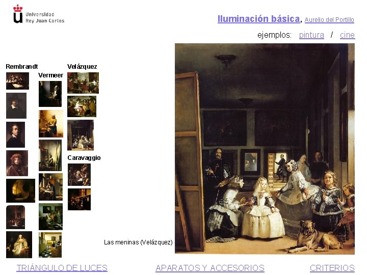 Iluminación básica, Aurelio del Portillo ejemplos: pintura / cine Rembrandt Velázquez Vermeer Caravaggio Las