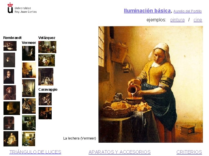 Iluminación básica, Aurelio del Portillo ejemplos: pintura / cine Rembrandt Velázquez Vermeer Caravaggio La