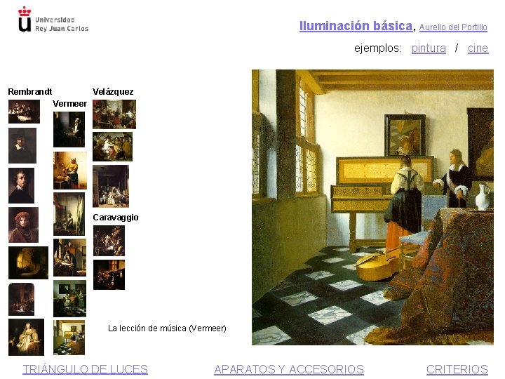 Iluminación básica, Aurelio del Portillo ejemplos: pintura / cine Rembrandt Velázquez Vermeer Caravaggio La