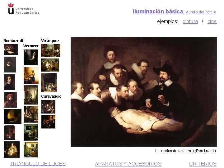 Iluminación básica, Aurelio del Portillo ejemplos: pintura / cine Rembrandt Velázquez Vermeer Caravaggio La