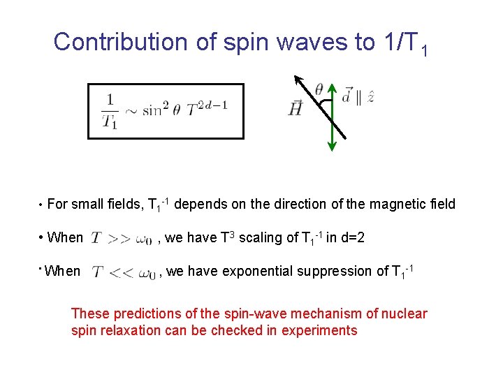 Contribution of spin waves to 1/T 1 • For small fields, T 1 -1