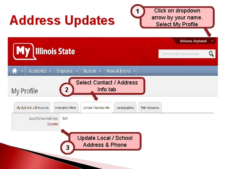 Address Updates 2 3 1 Select Contact / Address Info tab Update Local /