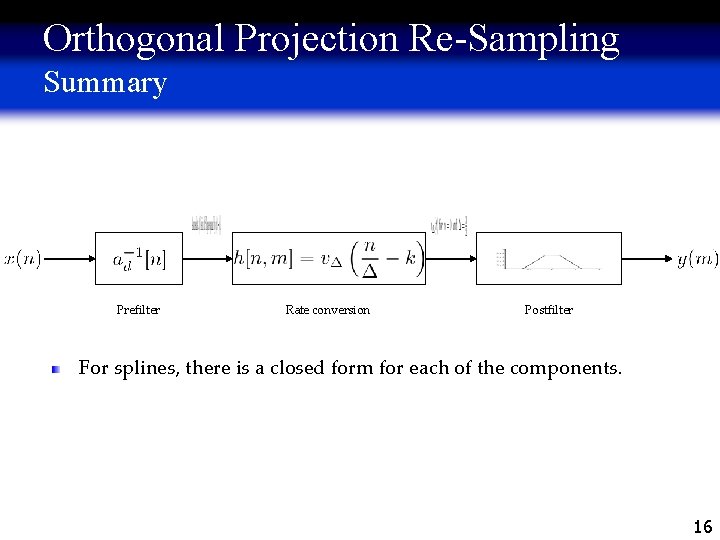 Orthogonal Projection Re-Sampling Summary Prefilter Rate conversion Postfilter For splines, there is a closed