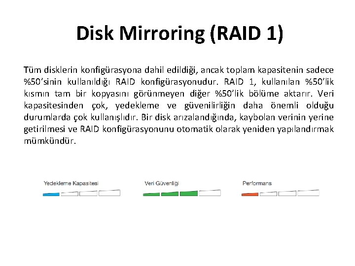 Disk Mirroring (RAID 1) Tüm disklerin konfigürasyona dahil edildiği, ancak toplam kapasitenin sadece %50’sinin