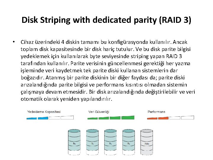 Disk Striping with dedicated parity (RAID 3) • Cihaz üzerindeki 4 diskin tamamı bu