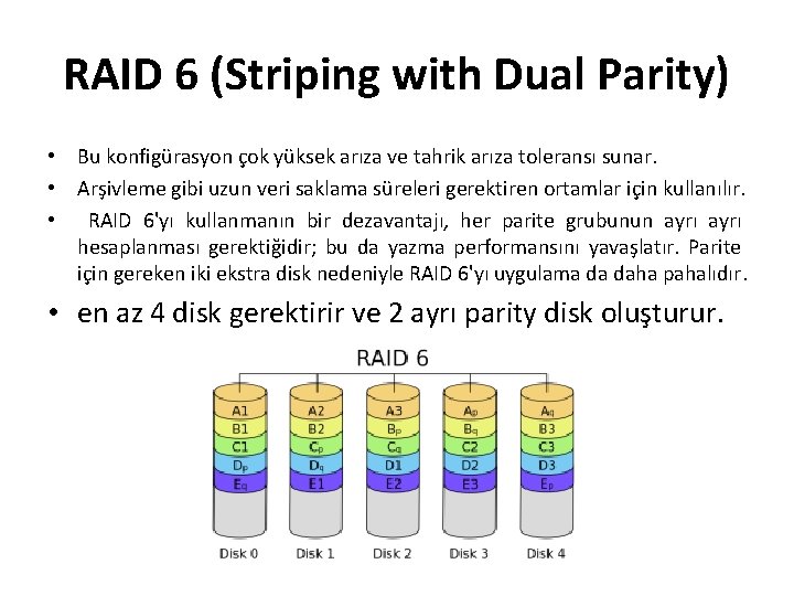 RAID 6 (Striping with Dual Parity) • Bu konfigürasyon çok yüksek arıza ve tahrik