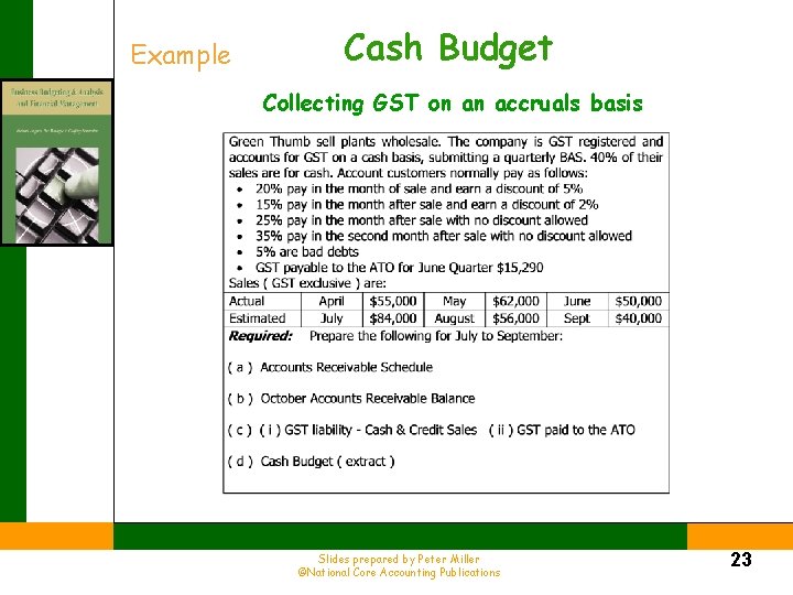 Example Cash Budget Collecting GST on an accruals basis Slides prepared by Peter Miller