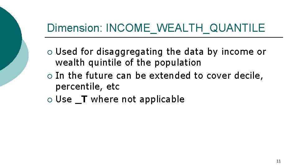 Dimension: INCOME_WEALTH_QUANTILE Used for disaggregating the data by income or wealth quintile of the