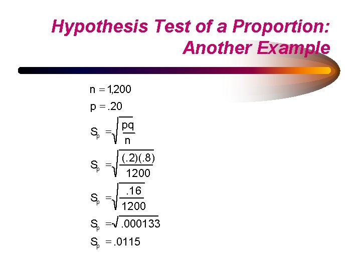 Hypothesis Test of a Proportion: Another Example n = 1, 200 p =. 20