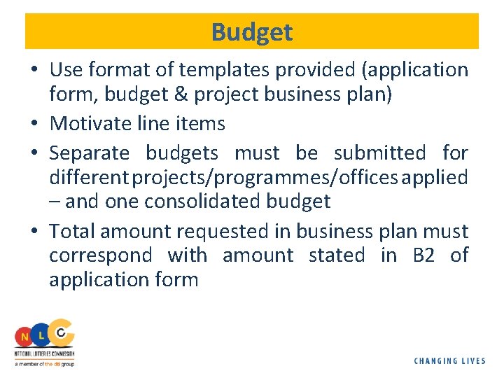 Budget • Use format of templates provided (application form, budget & project business plan)