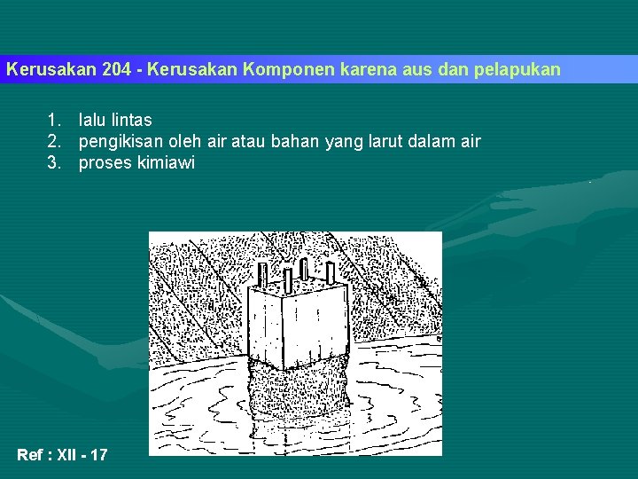 Kerusakan 204 - Kerusakan Komponen karena aus dan pelapukan 1. lalu lintas 2. pengikisan