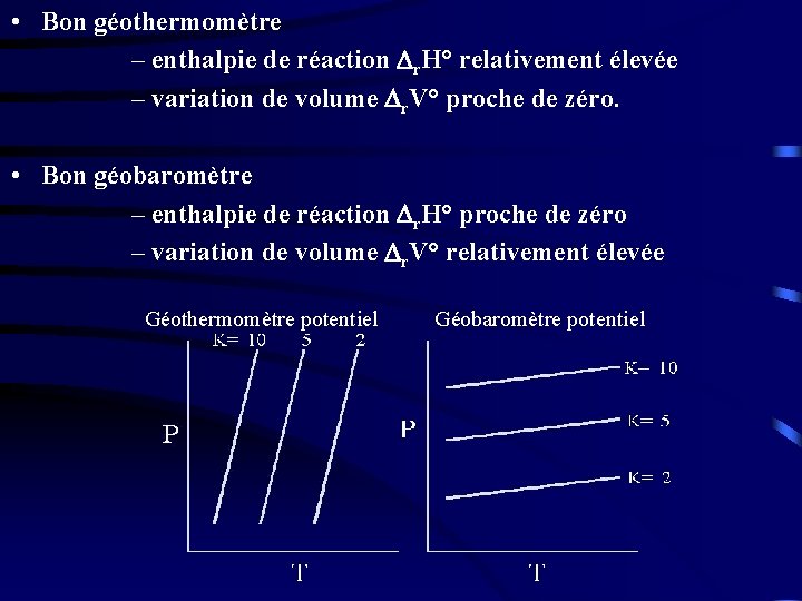  • Bon géothermomètre – enthalpie de réaction r. H° relativement élevée – variation