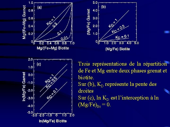 Trois représentations de la répartition de Fe et Mg entre deux phases grenat et