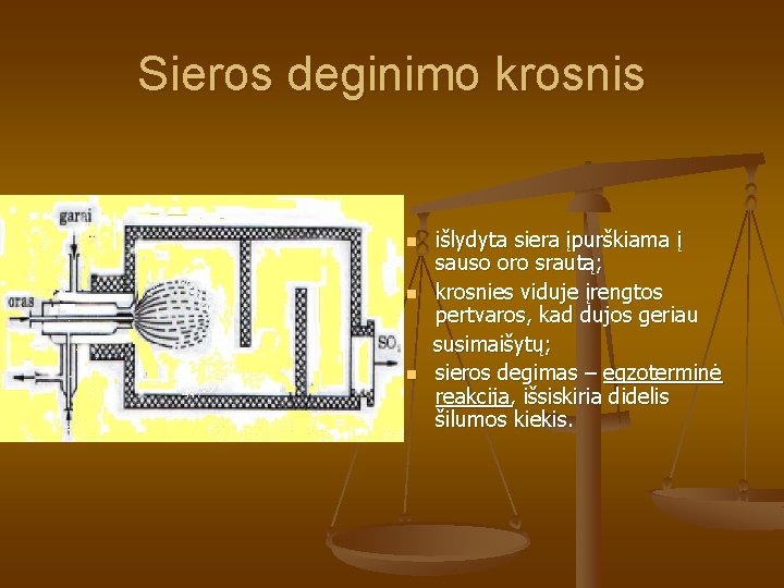 Sieros deginimo krosnis n n n išlydyta siera įpurškiama į sauso oro srautą; krosnies