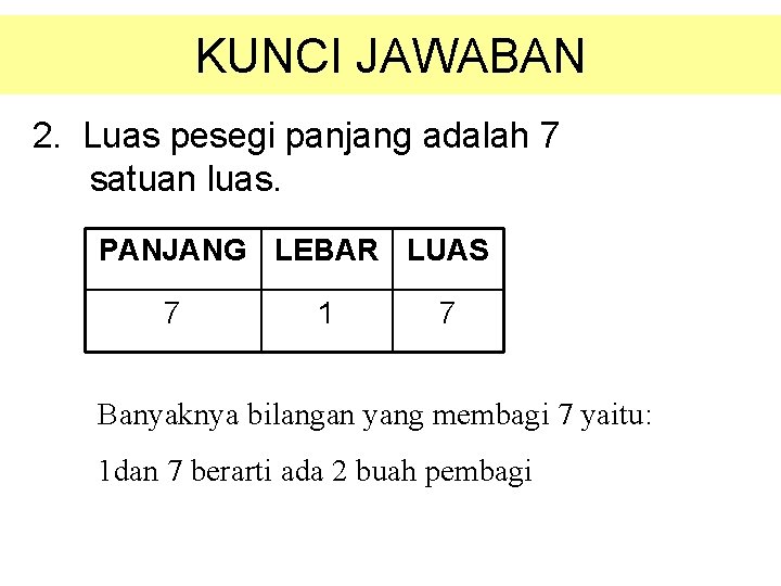 KUNCI JAWABAN 2. Luas pesegi panjang adalah 7 satuan luas. PANJANG LEBAR LUAS 7