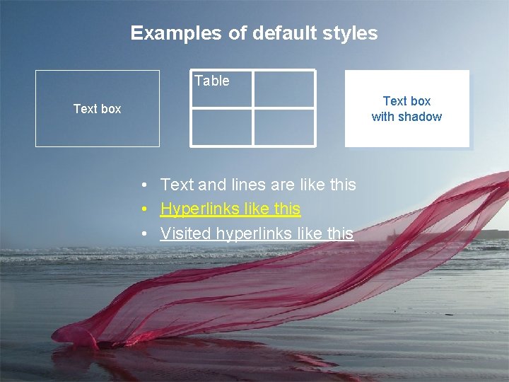Examples of default styles Table Text box with shadow Text box • Text and