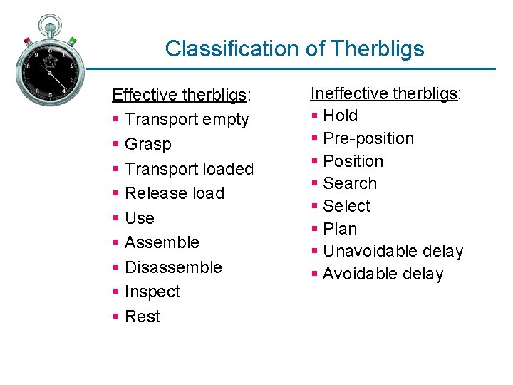 Classification of Therbligs Effective therbligs: § Transport empty § Grasp § Transport loaded §