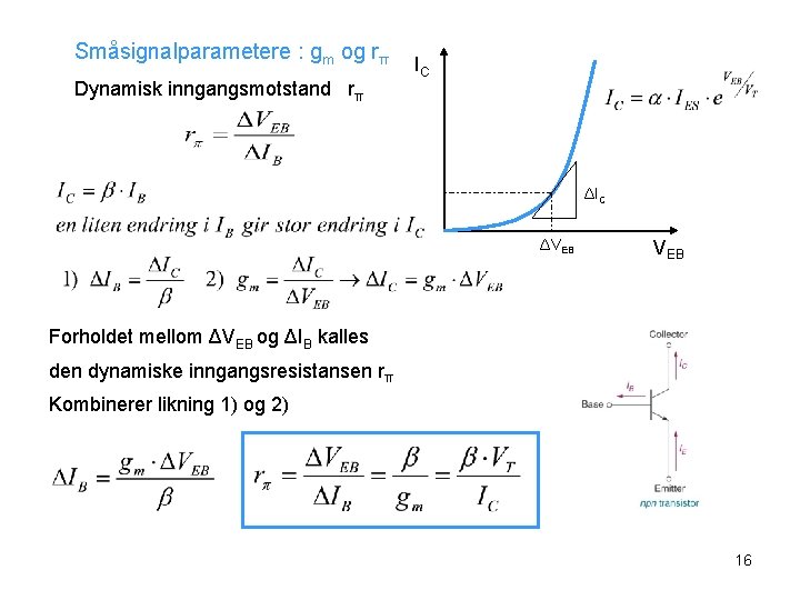 Småsignalparametere : gm og rπ Dynamisk inngangsmotstand rπ IC ΔVEB Forholdet mellom ΔVEB og