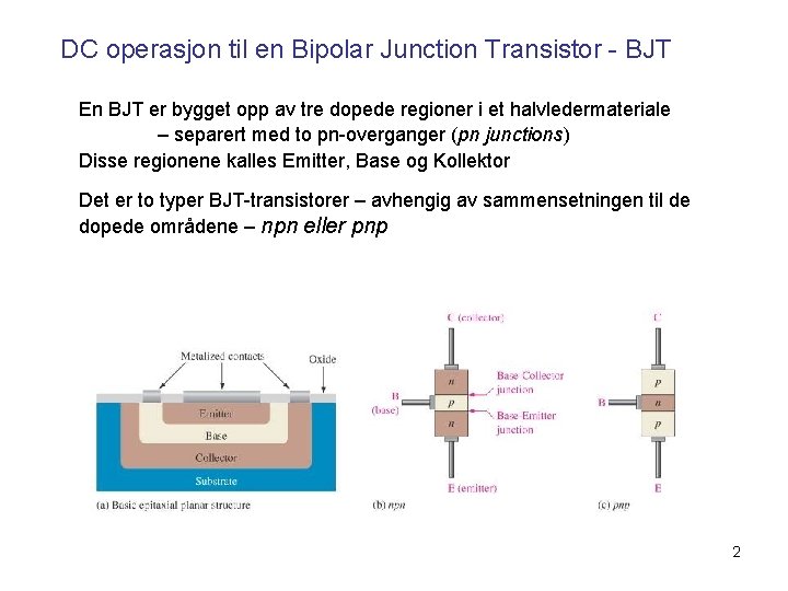 DC operasjon til en Bipolar Junction Transistor - BJT En BJT er bygget opp