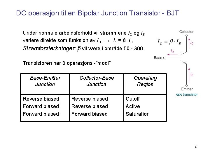 DC operasjon til en Bipolar Junction Transistor - BJT Under normale arbeidsforhold vil strømmene