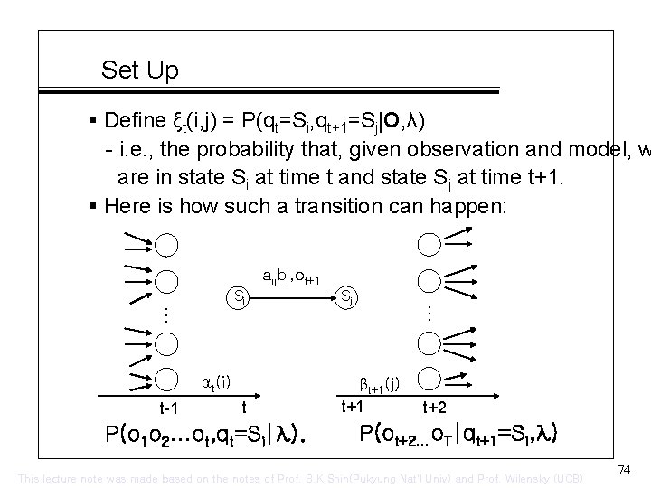 Set Up § Define ξt(i, j) = P(qt=Si, qt+1=Sj|O, λ) - i. e. ,